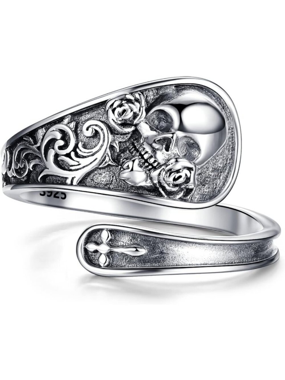 Gothic Skull Ring - 925 Sterling Silver Adjustable Spoon Ring for Women, Vintage
